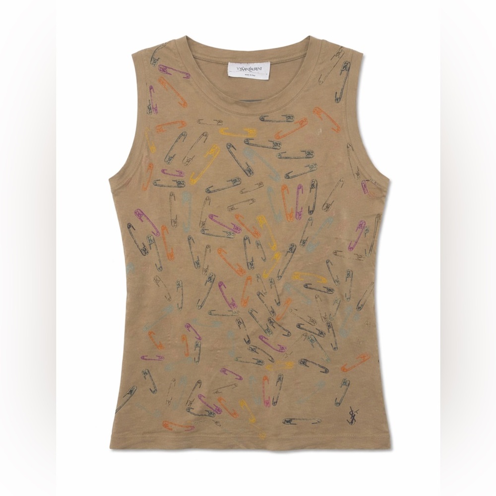 Vintage Yves Saint Laurent Safety Pin Print Top Y2K Made in Italy YSL Graphic